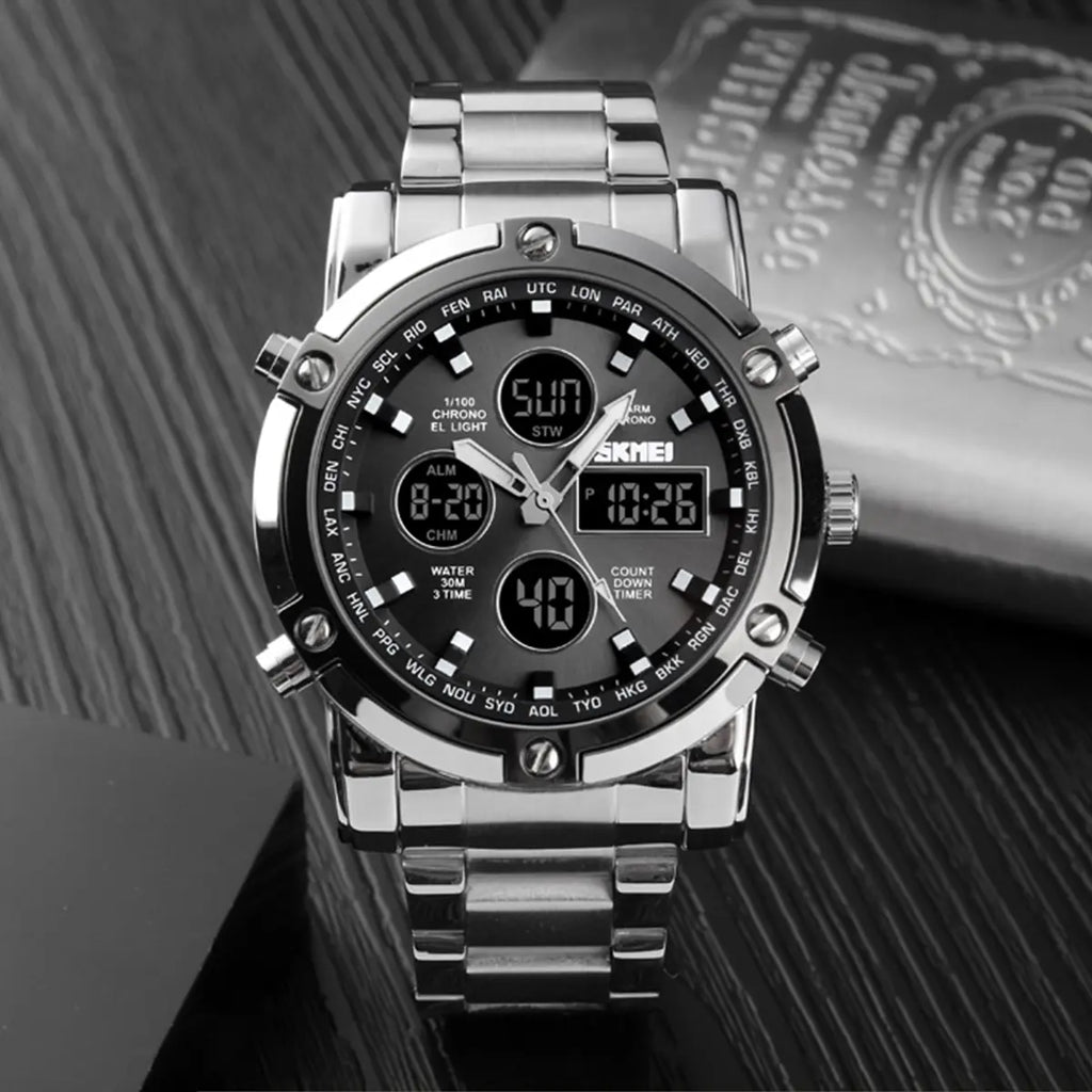 SKMEI Mensfashion Wristwatch - 48mm Round Face Metal Case, 30M Waterproof, Stainless Steel Strap, 3 Time Zones, Nightlight, Dual Time Display, Timer, Calendar, Alarm, Adults Gifts, Fashion Men's Accessories🎵 Free Shipping & Cash on Delivery 📊