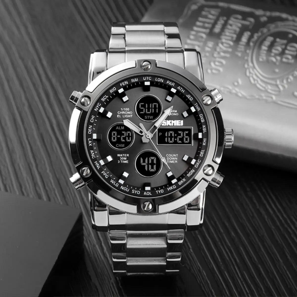 SKMEI Mensfashion Wristwatch - 48mm Round Face Metal Case, 30M Waterproof, Stainless Steel Strap, 3 Time Zones, Nightlight, Dual Time Display, Timer, Calendar, Alarm, Adults Gifts, Fashion Men's Accessories🎵 Free Shipping & Cash on Delivery 📊
