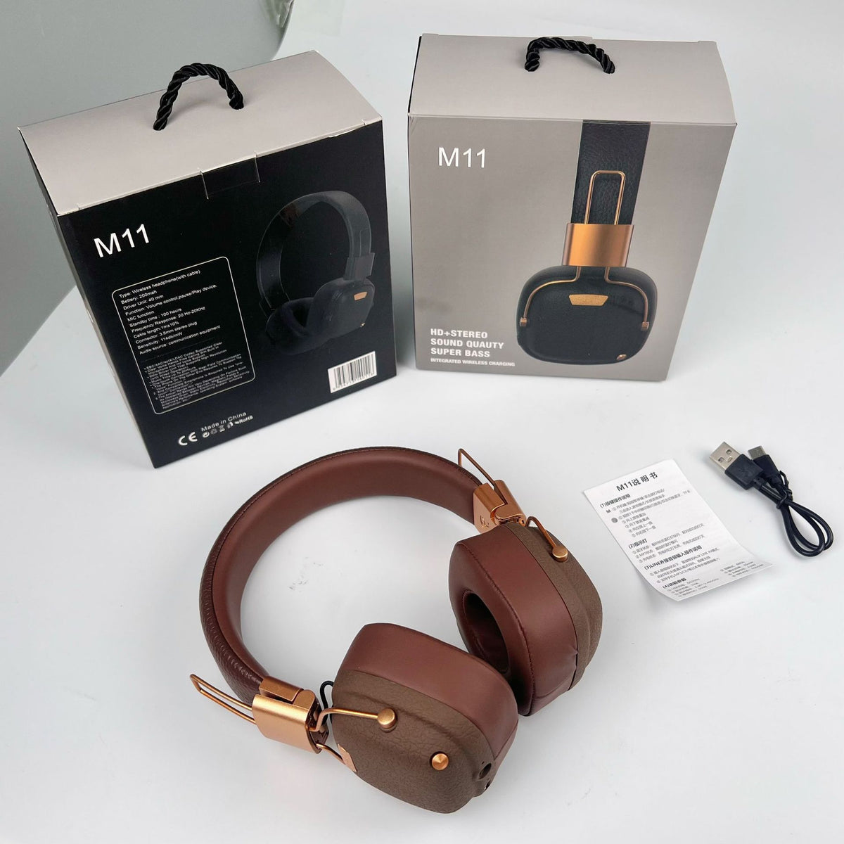 2026 New M11 Retro Over-Ear Bluetooth Headphones – Multi-EQ Wireless Music, Fashionable Brown Vintage Leather Design – Perfect for Daily Style & Music