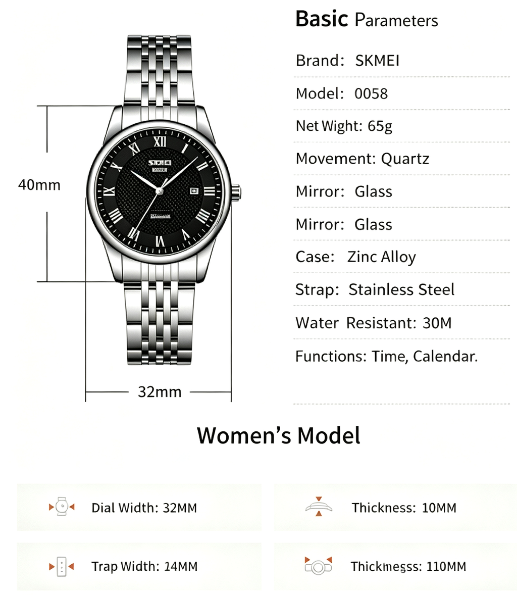 SKMEI Classic Business Couple Quartz Watch – Silver Case Black Dial Steel Band, 30M Waterproof, Calendar Display, Original Quartz Movement – Perfect Gift for Couples