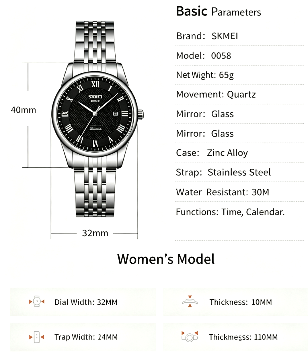 SKMEI Classic Business Couple Quartz Watch – Silver Case Black Dial Steel Band, 30M Waterproof, Calendar Display, Original Quartz Movement – Perfect Gift for Couples