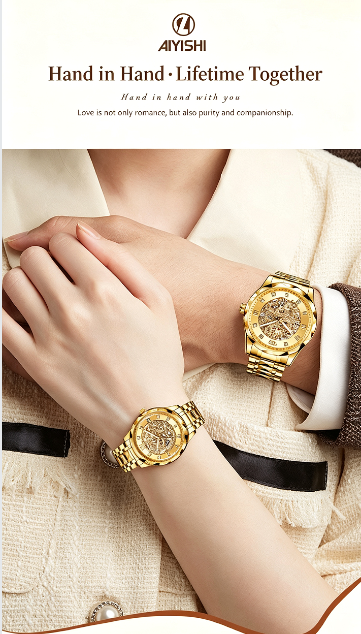 AIYISHI Couple Watch Set – Original Quartz Movement, 30M Waterproof, Luminous Display, Alloy Strap, Mineral Reinforced Glass, Butterfly Dual Push-Button Clasp – Perfect Gift for Couples