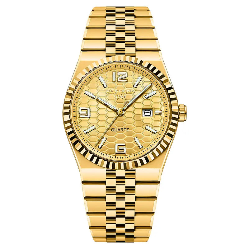 Weidun Log Men's Quartz Calendar Wristwatch – Three-Dimensional Linear Grid Texture, Diamond Accents, Luminous Display, Date Function, Water-Resistant – Elegant Gift Box