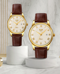 SKMEI 9058 Classic Vintage Couple Quartz Watch – Japanese MIYOTA Movement, 30M Waterproof, Genuine Leather Strap, Calendar Display – Retro Business Style for Men & Women