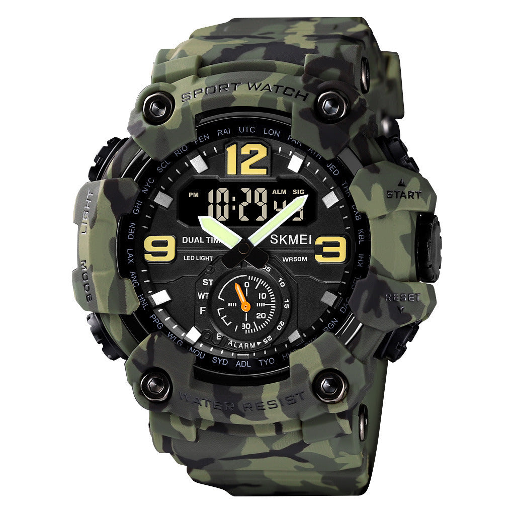 Skmei Men's Large Digital Dual-Display Sport Watch – Military Green Camouflage, 50m Waterproof, Night Light, Dual Time, Multifunction – Ideal for Parties & Gifts