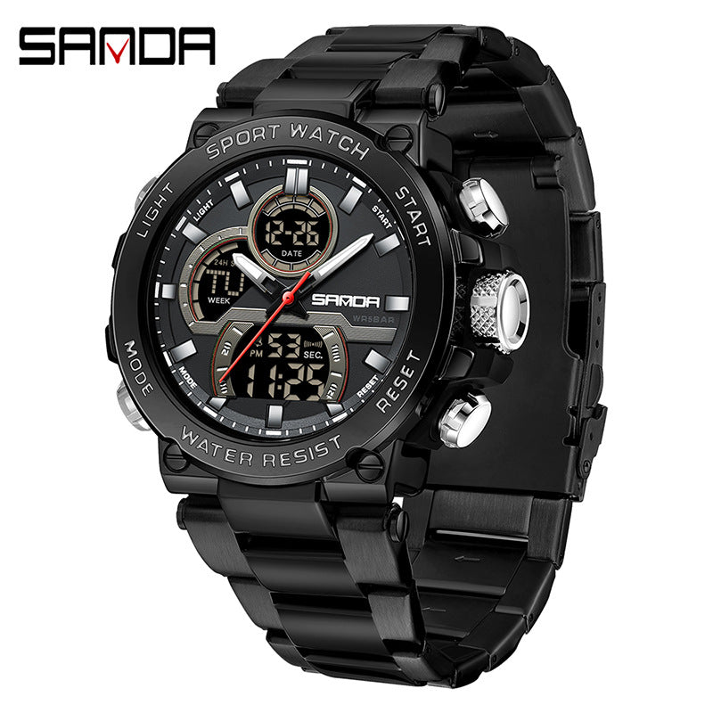 Sanda 6183 Steel Band Black Electronic Quartz Watch – Steel Core, 50M Waterproof, Multifunctional Alarm, Luminous Display – Men‘s Wristwatch