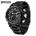 Sanda 6183 Steel Band Black Electronic Quartz Watch – Steel Core, 50M Waterproof, Multifunctional Alarm, Luminous Display – Men‘s Wristwatch