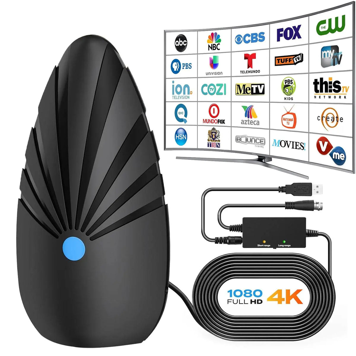 Digital TV Antenna for Indoor - 360° Reception with 5M Cable, Supports 1080P and 4K Smart TVs