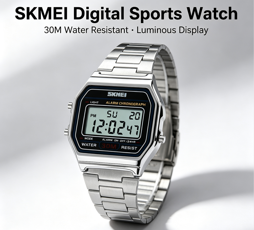 ⌚ Cash on Delivery ✨ SKMEI 1123 Vintage Digital Watch – Stainless Steel, 30M Waterproof, Alarm Chronograph, Square LED Display – Free Shipping