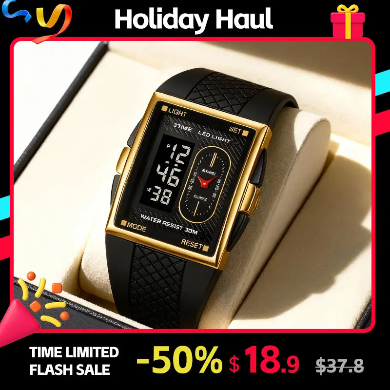 SKMEI Men's Durable Casual Digital Wristwatch - Gold-Dipped, Battery-Operated, 30M Waterproof, Hardlex Glass Dial, Multi-Functional LED, Gold-Accented Metal Frame, Black Band, 3 Time Zones, Stopwatch, Alarm, Date & Week Display, Casual Watch