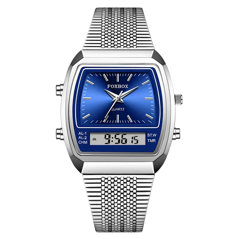 Vintage Square FOXBOX Modern Casual Analog Digital Dual Display Quartz Watch For Men, 30M Water Resistant Luminous Timer Alarm Wrist Watch With Stainless Steel Mesh Band, Stylish Daily Business Accessory For African Gentlemen