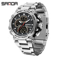 Sanda 6183 Steel Band Silver Electronic Quartz Watch – Steel Core, 50M Waterproof, Multifunctional Alarm, Luminous Display – Men‘s Wristwatch