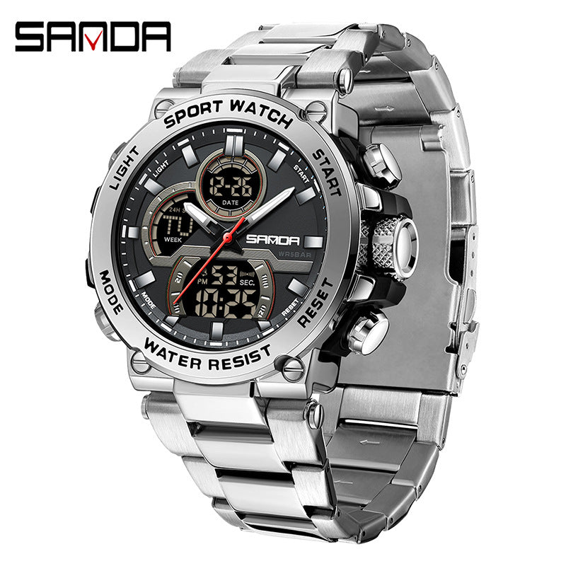 Sanda 6183 Steel Band Silver Electronic Quartz Watch – Steel Core, 50M Waterproof, Multifunctional Alarm, Luminous Display – Men‘s Wristwatch