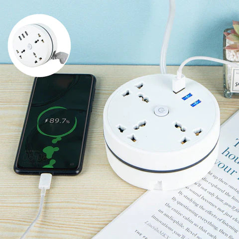 Retractable Round Power Strip with USB Charging Ports – Master On/Off Switch, Flame Retardant Extension Socket, Space-Saving Cord Storage Power Outlet – Ideal for Home, Office & Travel