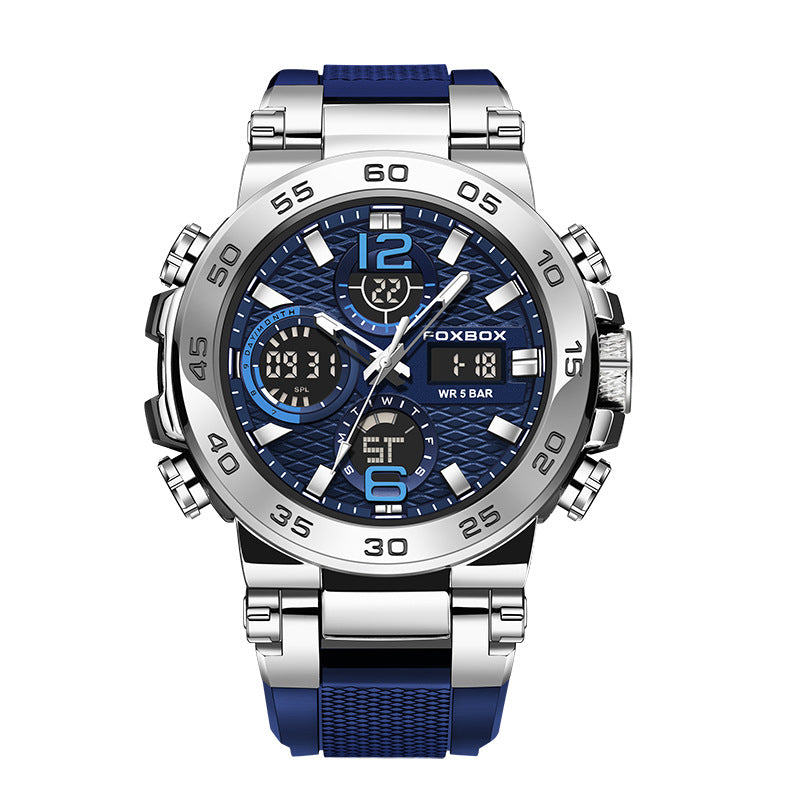 FOXBOX New Multifunctional Fashion Sports Dual-Display Watch – Silver & Blue Silicone Men's Watch, Waterproof Luminous Electronic Analog – Versatile for Daily & Sports Wear