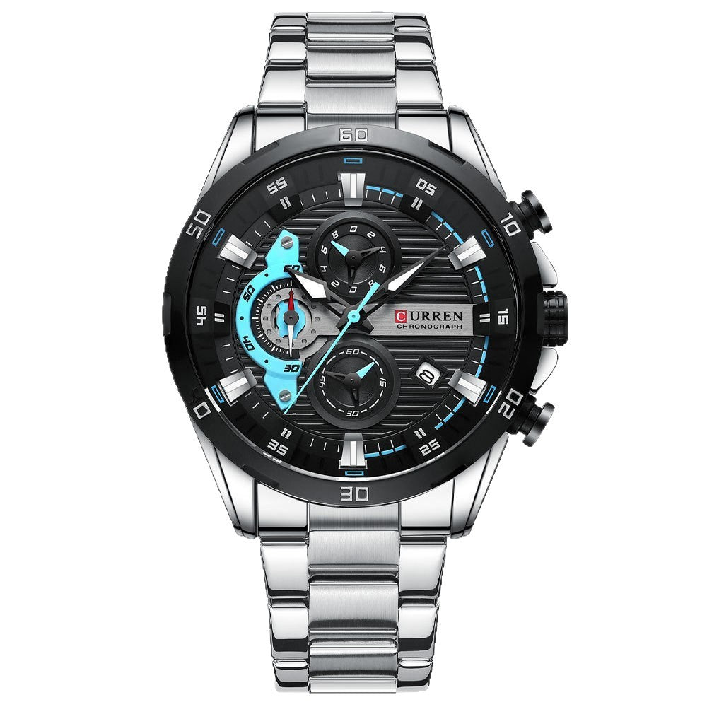 CURREN 8402 Men‘s Six-Hand Steel Band Quartz Business Watch – 47mm Large Dial, Luminous Display, Calendar & Week, 30M Waterproof, Chronograph – Business & Sports Versatile Style