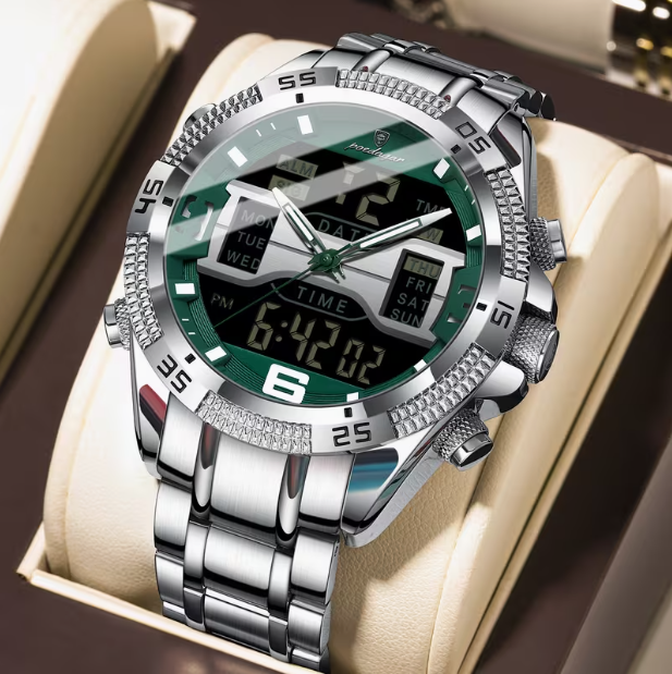 Swiss Brand Multifunctional Dual-Display Luminous Men‘s Watch – Silver Case Green Dial Steel Band, 30M Waterproof, Business & Sports Versatile Style