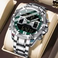 Swiss Brand Multifunctional Dual-Display Luminous Men‘s Watch – Silver Case Green Dial Steel Band, 30M Waterproof, Business & Sports Versatile Style