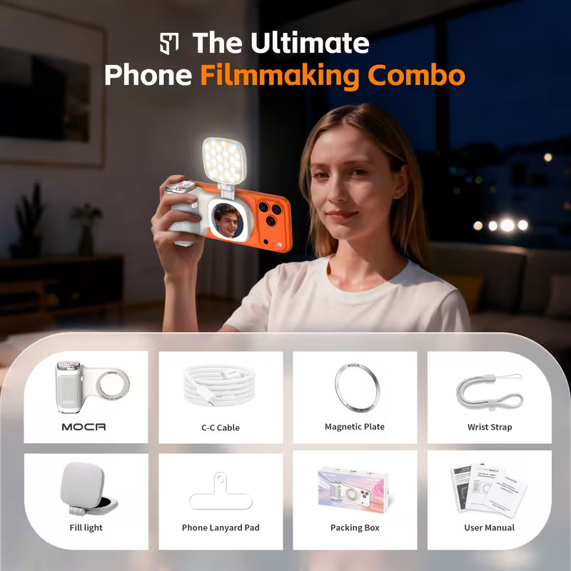 📸 Cash on Delivery 💡 COMITOK MOCA Handheld Phone Grip – Mirror + LED Fill Light, One-Tap Camera, Rechargeable Remote for Creators – Free Shipping