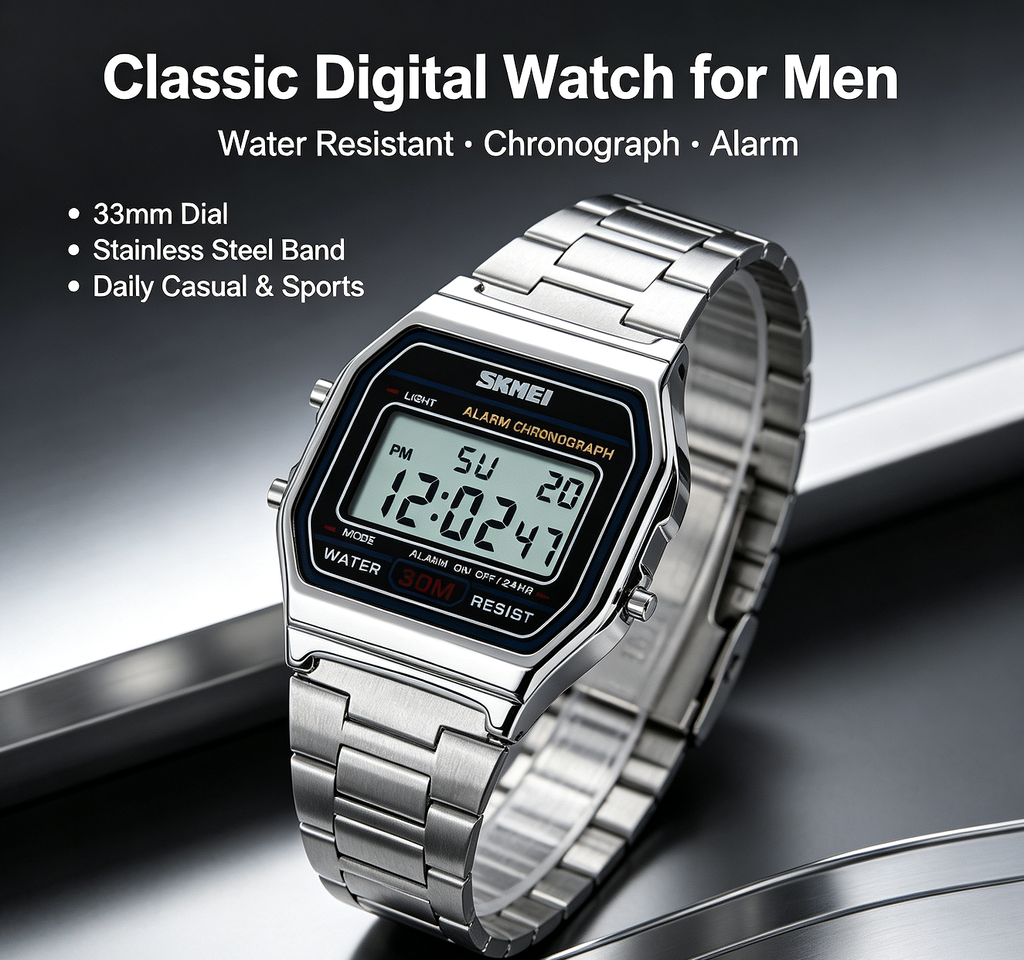 ⌚ Cash on Delivery ✨ SKMEI 1123 Vintage Digital Watch – Stainless Steel, 30M Waterproof, Alarm Chronograph, Square LED Display – Free Shipping