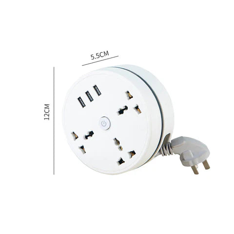 Retractable Round Power Strip with USB Charging Ports – Master On/Off Switch, Flame Retardant Extension Socket, Space-Saving Cord Storage Power Outlet – Ideal for Home, Office & Travel