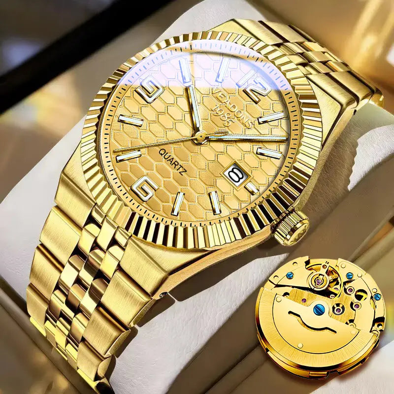 Weidun Log Men's Quartz Calendar Wristwatch – Three-Dimensional Linear Grid Texture, Diamond Accents, Luminous Display, Date Function, Water-Resistant – Elegant Gift Box