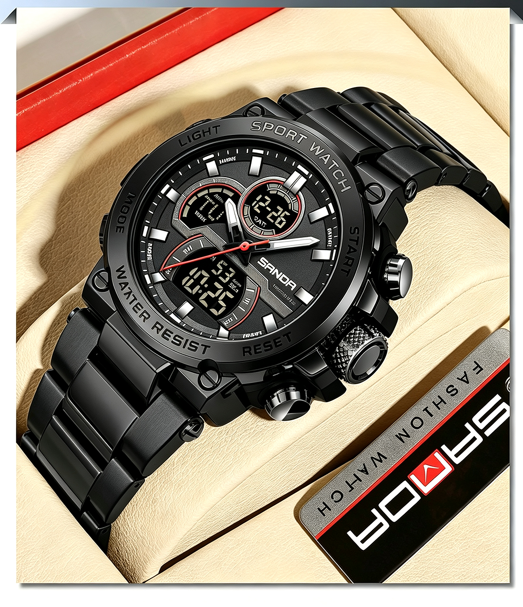 Sanda 6183 Steel Band Black Electronic Quartz Watch – Steel Core, 50M Waterproof, Multifunctional Alarm, Luminous Display – Men‘s Wristwatch