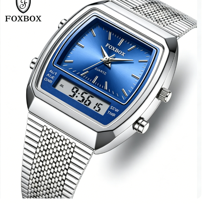 Vintage Square FOXBOX Modern Casual Analog Digital Dual Display Quartz Watch For Men, 30M Water Resistant Luminous Timer Alarm Wrist Watch With Stainless Steel Mesh Band, Stylish Daily Business Accessory For African Gentlemen