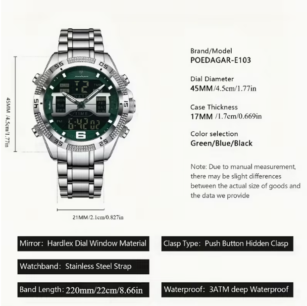 Swiss Brand Multifunctional Dual-Display Luminous Men‘s Watch – Silver Case Green Dial Steel Band, 30M Waterproof, Business & Sports Versatile Style