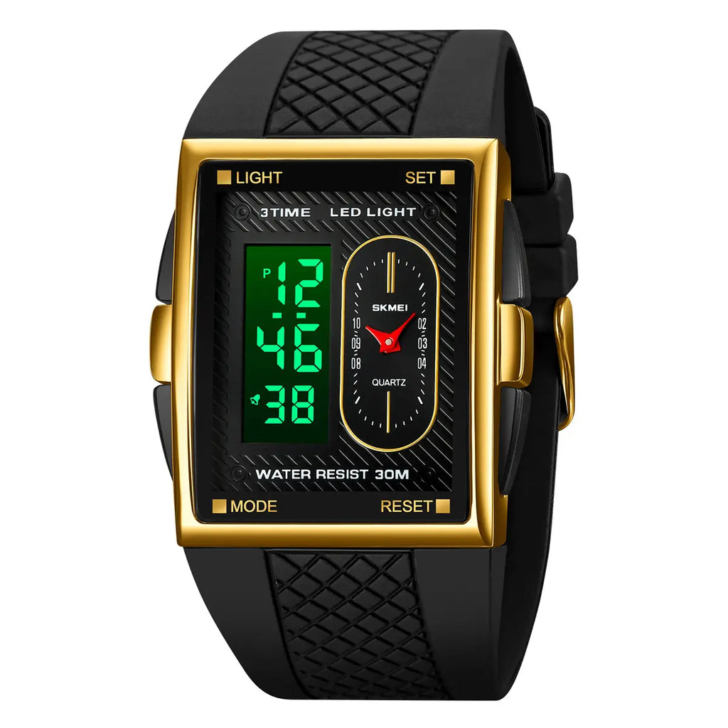 SKMEI Men's Durable Casual Digital Wristwatch - Gold-Dipped, Battery-Operated, 30M Waterproof, Hardlex Glass Dial, Multi-Functional LED, Gold-Accented Metal Frame, Black Band, 3 Time Zones, Stopwatch, Alarm, Date & Week Display, Casual Watch