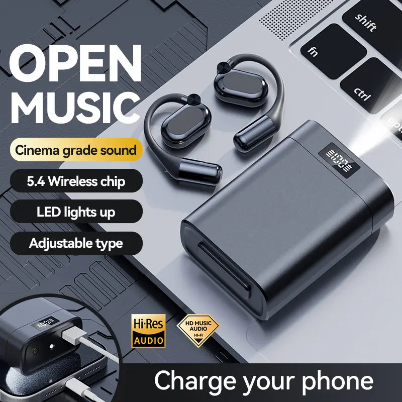 Bluetooth 5.4 Open Ear Hook Earphones – 360° Spatial Surround Sound Wireless Headphones, Smart Touch Control, Charging Box with Power Bank & LED Flashlight for Sports & Daily Use