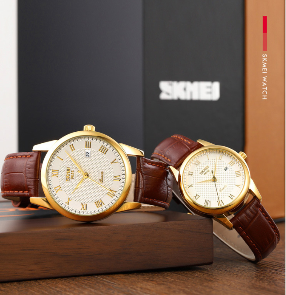 SKMEI 9058 Classic Vintage Couple Quartz Watch – Japanese MIYOTA Movement, 30M Waterproof, Genuine Leather Strap, Calendar Display – Retro Business Style for Men & Women