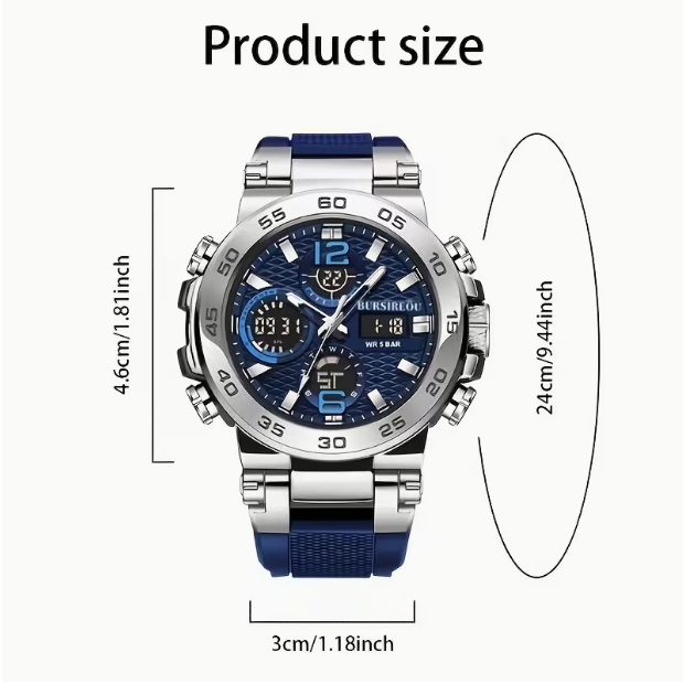 FOXBOX New Multifunctional Fashion Sports Dual-Display Watch – Silver & Blue Silicone Men's Watch, Waterproof Luminous Electronic Analog – Versatile for Daily & Sports Wear