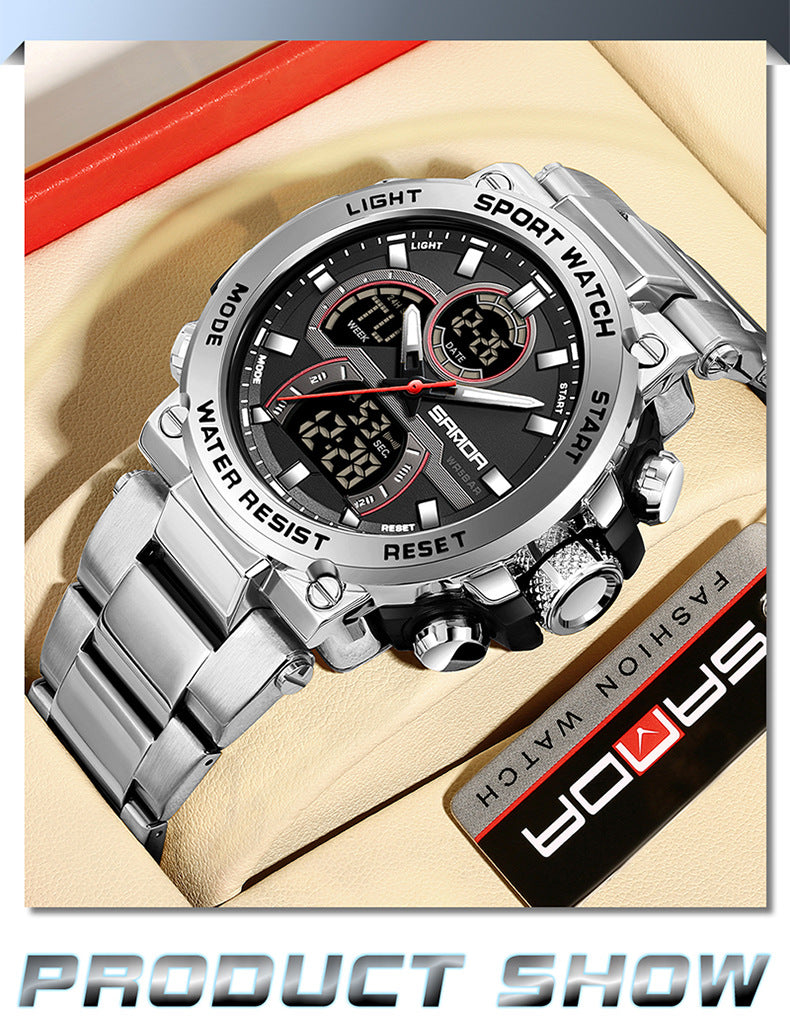 Sanda 6183 Steel Band Silver Electronic Quartz Watch – Steel Core, 50M Waterproof, Multifunctional Alarm, Luminous Display – Men‘s Wristwatch