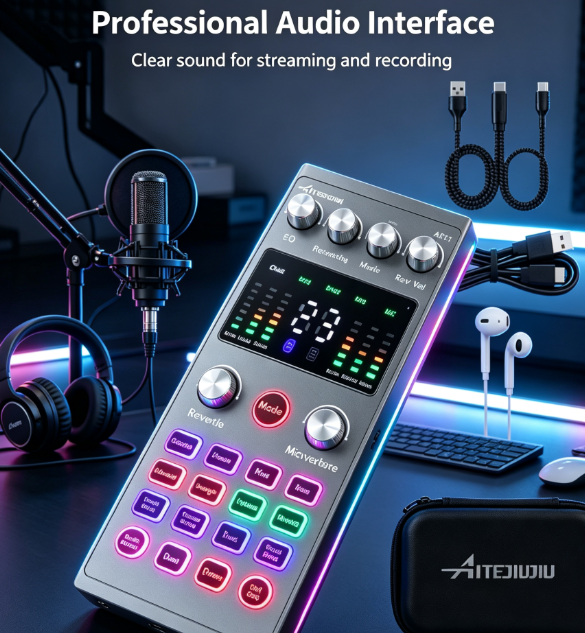 🎙️ Cash on Delivery 🎵 AT11 External USB Sound Card Kit – Live Streaming & Karaoke Set with Noise Reduction and Voice Effects for PC – Plug & Play – Free Shipping