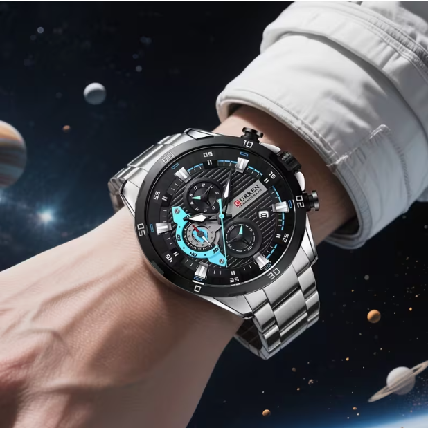 CURREN 8402 Men‘s Six-Hand Steel Band Quartz Business Watch – 47mm Large Dial, Luminous Display, Calendar & Week, 30M Waterproof, Chronograph – Business & Sports Versatile Style