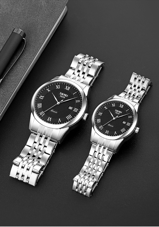SKMEI Classic Business Couple Quartz Watch – Silver Case Black Dial Steel Band, 30M Waterproof, Calendar Display, Original Quartz Movement – Perfect Gift for Couples