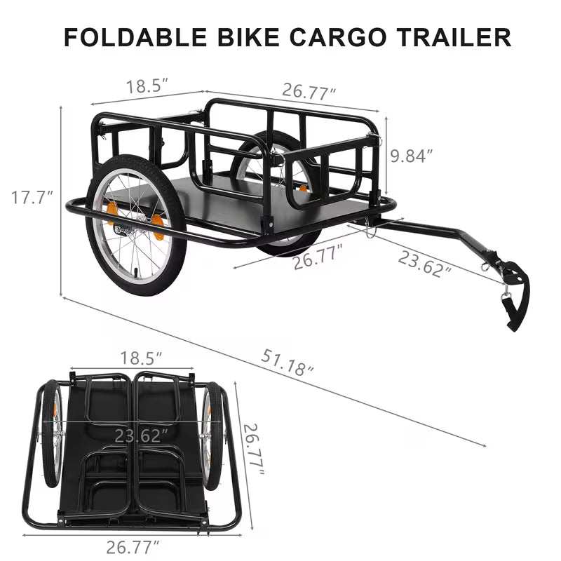 🚲 Cash on Delivery 📦 Foldable Bike Cargo Trailer with Universal Hitch – 16" Wheels & Reflectors, Large Loading Capacity – Perfect for Camping, Grocery & Moving – Free Shipping