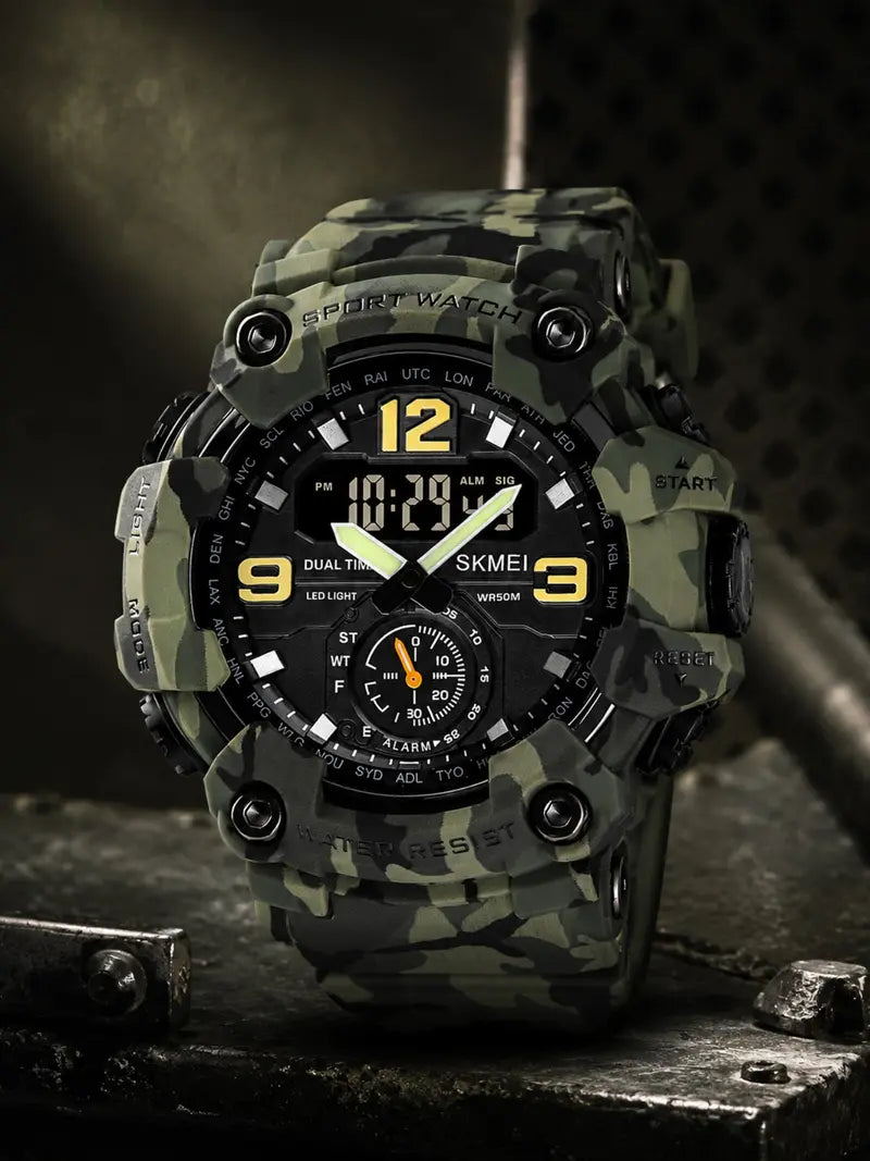 Skmei Men's Large Digital Dual-Display Sport Watch – Military Green Camouflage, 50m Waterproof, Night Light, Dual Time, Multifunction – Ideal for Parties & Gifts