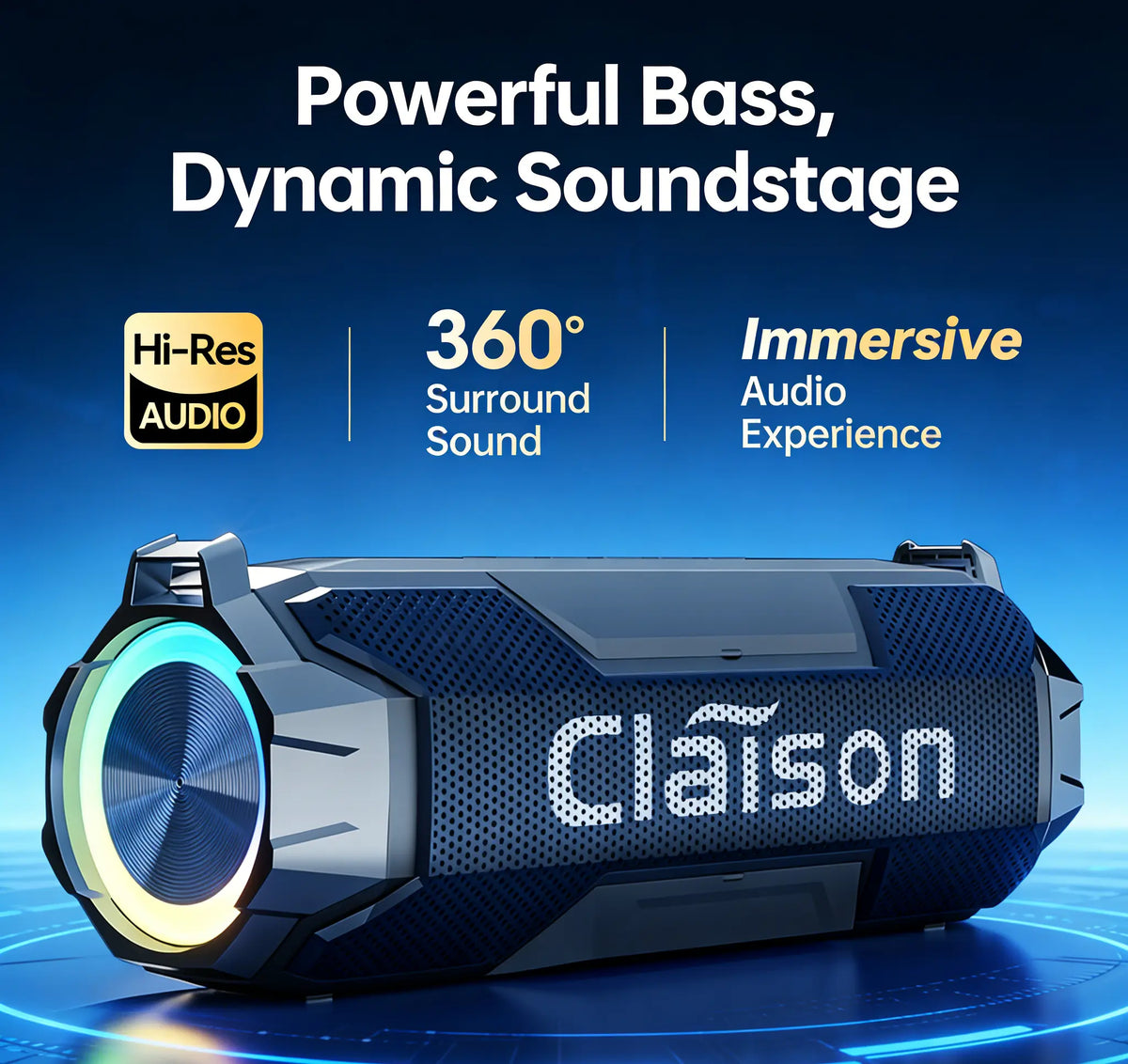 Claison Multifunctional Portable Water Resistant Bluetooth Speaker - IPX6, 3600mAh USB Rechargeable, RGB Lighting, Bluetooth 5.3, Ideal for Camping and Gaming