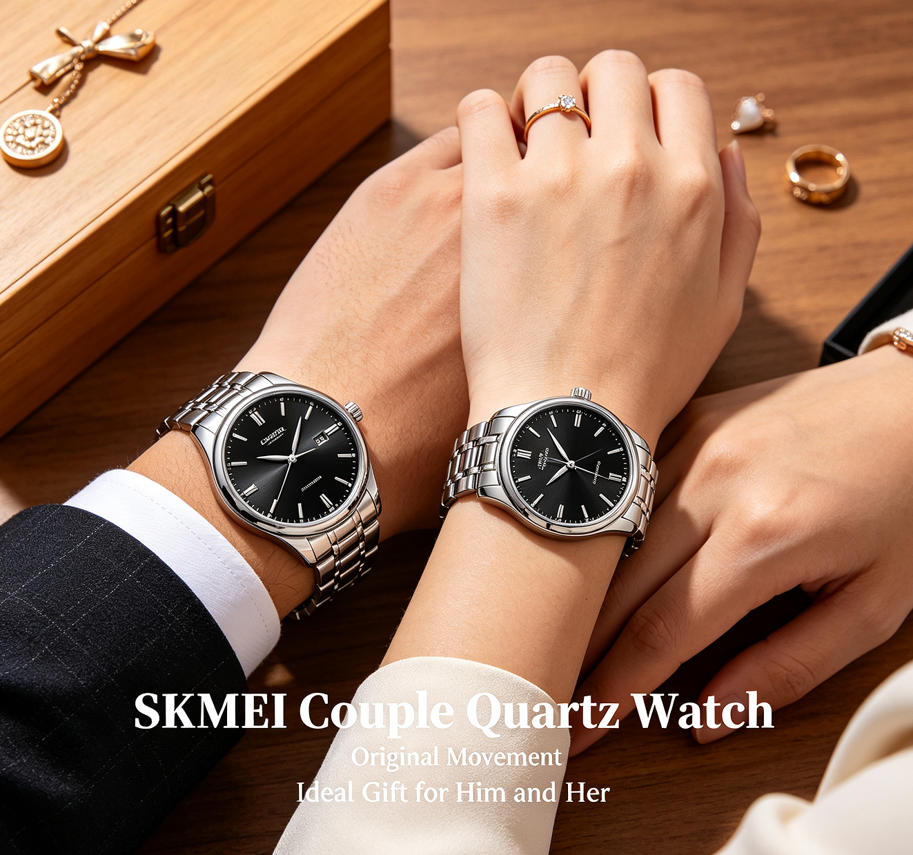 SKMEI Classic Business Couple Quartz Watch – Silver Case Black Dial Steel Band, 30M Waterproof, Calendar Display, Original Quartz Movement – Perfect Gift for Couples