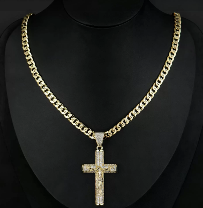 Cross Necklace for Men with Jesus Crucifix Pendant - 24" Cuban Figaro Rope Miami Chain 🎵 Free Shipping & Cash on Delivery 📊