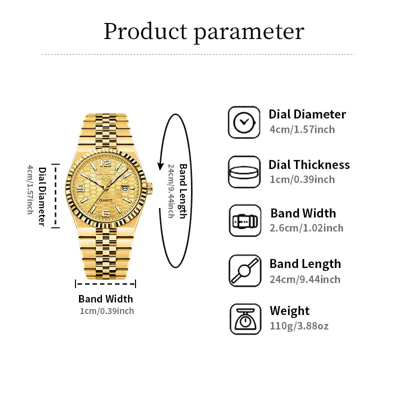 Weidun Log Men's Quartz Calendar Wristwatch – Three-Dimensional Linear Grid Texture, Diamond Accents, Luminous Display, Date Function, Water-Resistant – Elegant Gift Box
