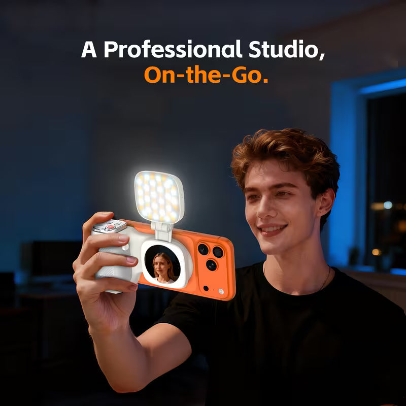 📸 Cash on Delivery 💡 COMITOK MOCA Handheld Phone Grip – Mirror + LED Fill Light, One-Tap Camera, Rechargeable Remote for Creators – Free Shipping