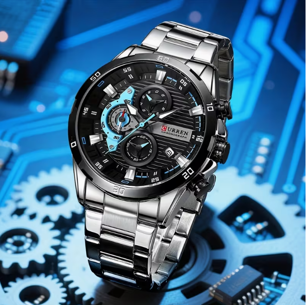 CURREN 8402 Men‘s Six-Hand Steel Band Quartz Business Watch – 47mm Large Dial, Luminous Display, Calendar & Week, 30M Waterproof, Chronograph – Business & Sports Versatile Style