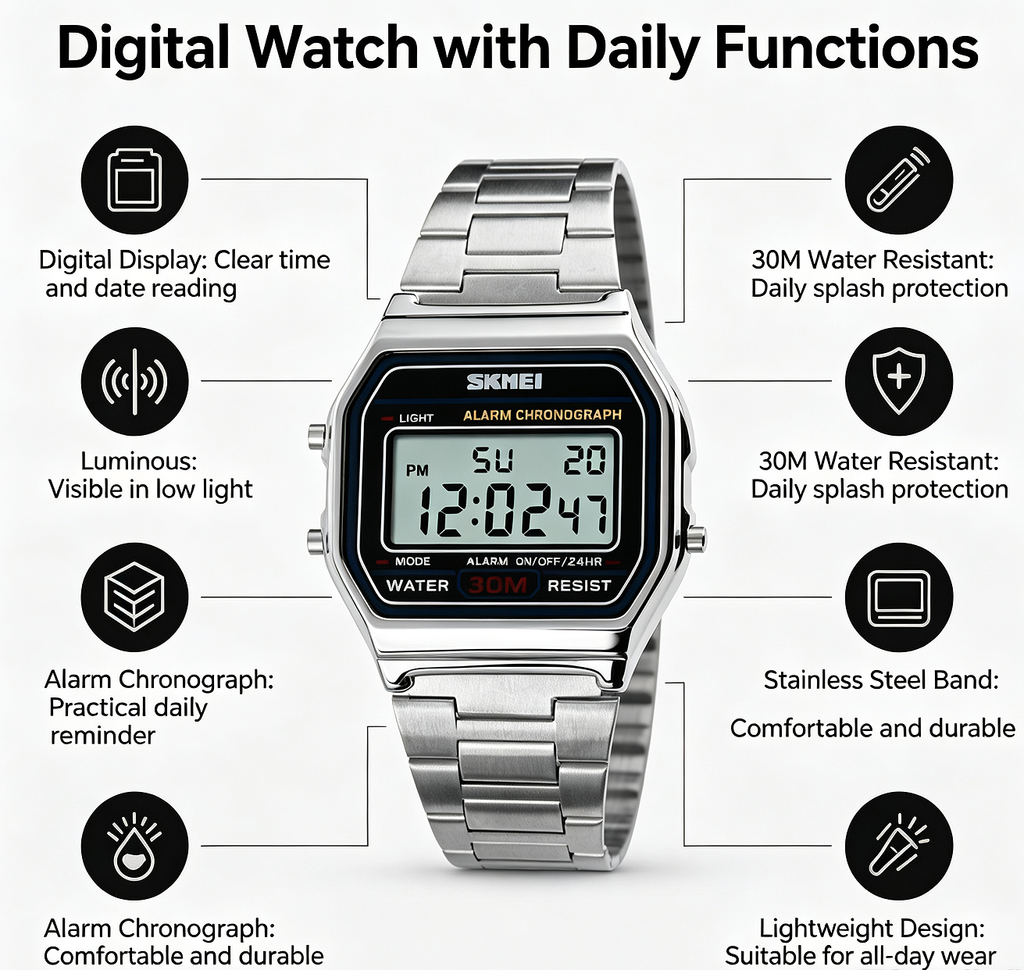 ⌚ Cash on Delivery ✨ SKMEI 1123 Vintage Digital Watch – Stainless Steel, 30M Waterproof, Alarm Chronograph, Square LED Display – Free Shipping