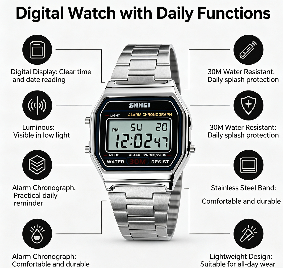 ⌚ Cash on Delivery ✨ SKMEI 1123 Vintage Digital Watch – Stainless Steel, 30M Waterproof, Alarm Chronograph, Square LED Display – Free Shipping