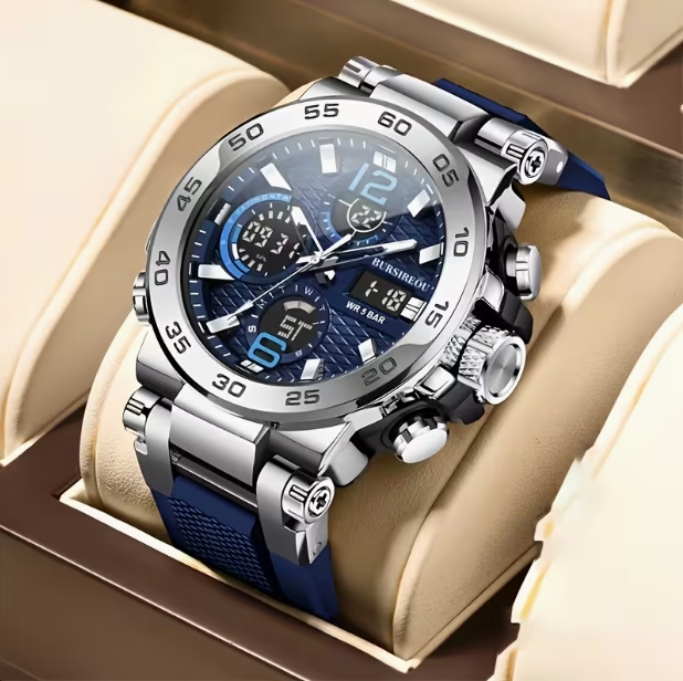 FOXBOX New Multifunctional Fashion Sports Dual-Display Watch – Silver & Blue Silicone Men's Watch, Waterproof Luminous Electronic Analog – Versatile for Daily & Sports Wear