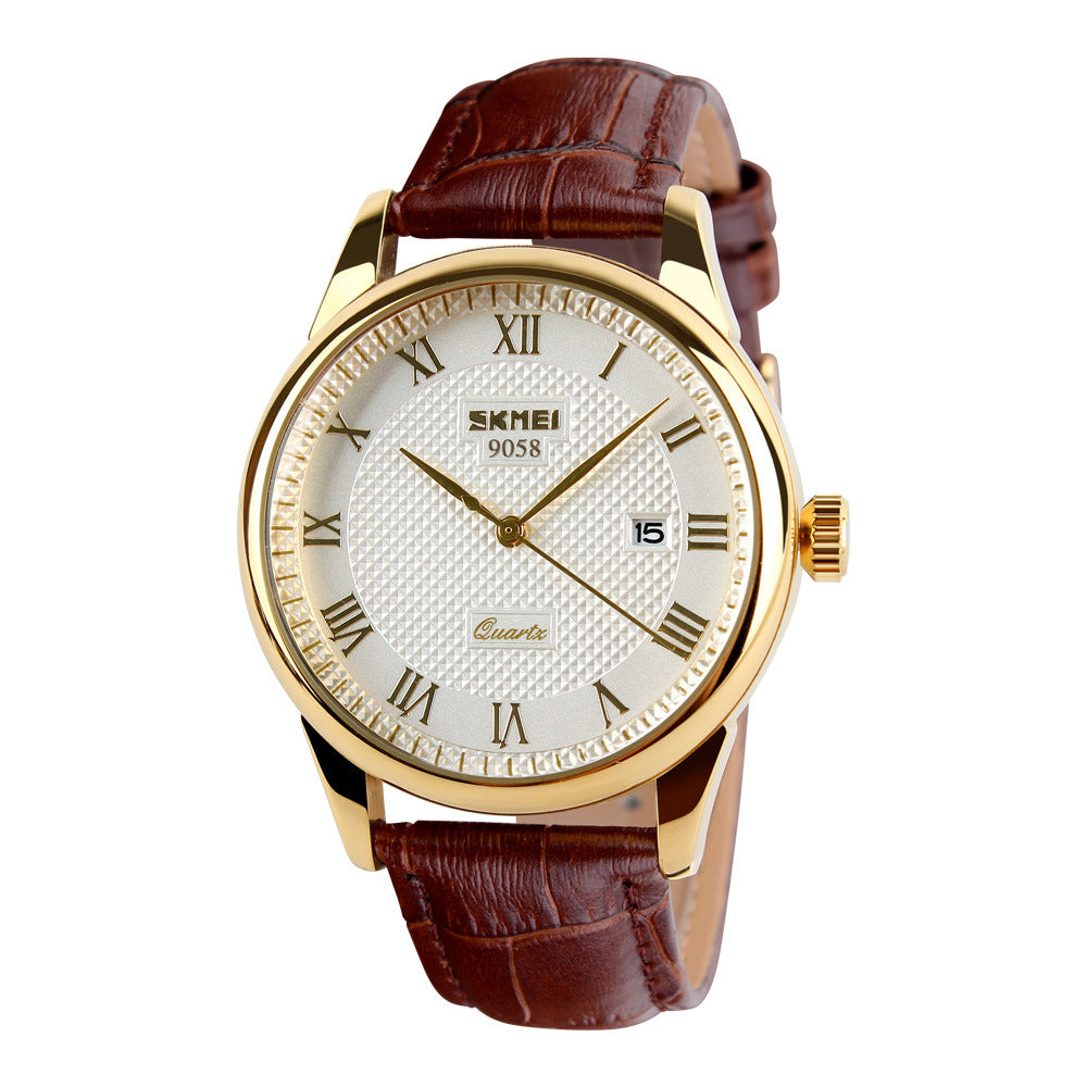 SKMEI 9058 Classic Vintage Couple Quartz Watch – Japanese MIYOTA Movement, 30M Waterproof, Genuine Leather Strap, Calendar Display – Retro Business Style for Men & Women
