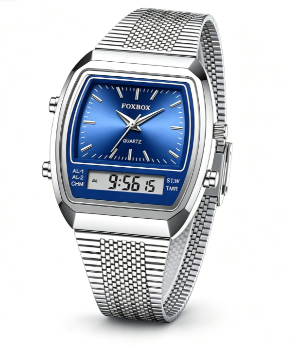 Vintage Square FOXBOX Modern Casual Analog Digital Dual Display Quartz Watch For Men, 30M Water Resistant Luminous Timer Alarm Wrist Watch With Stainless Steel Mesh Band, Stylish Daily Business Accessory For African Gentlemen